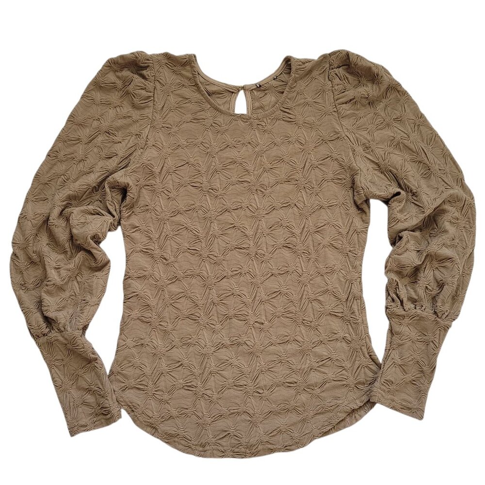 Gigio Knit Puff Sleeve Top Textured Long Sleeve Taupe Small Boho Chic